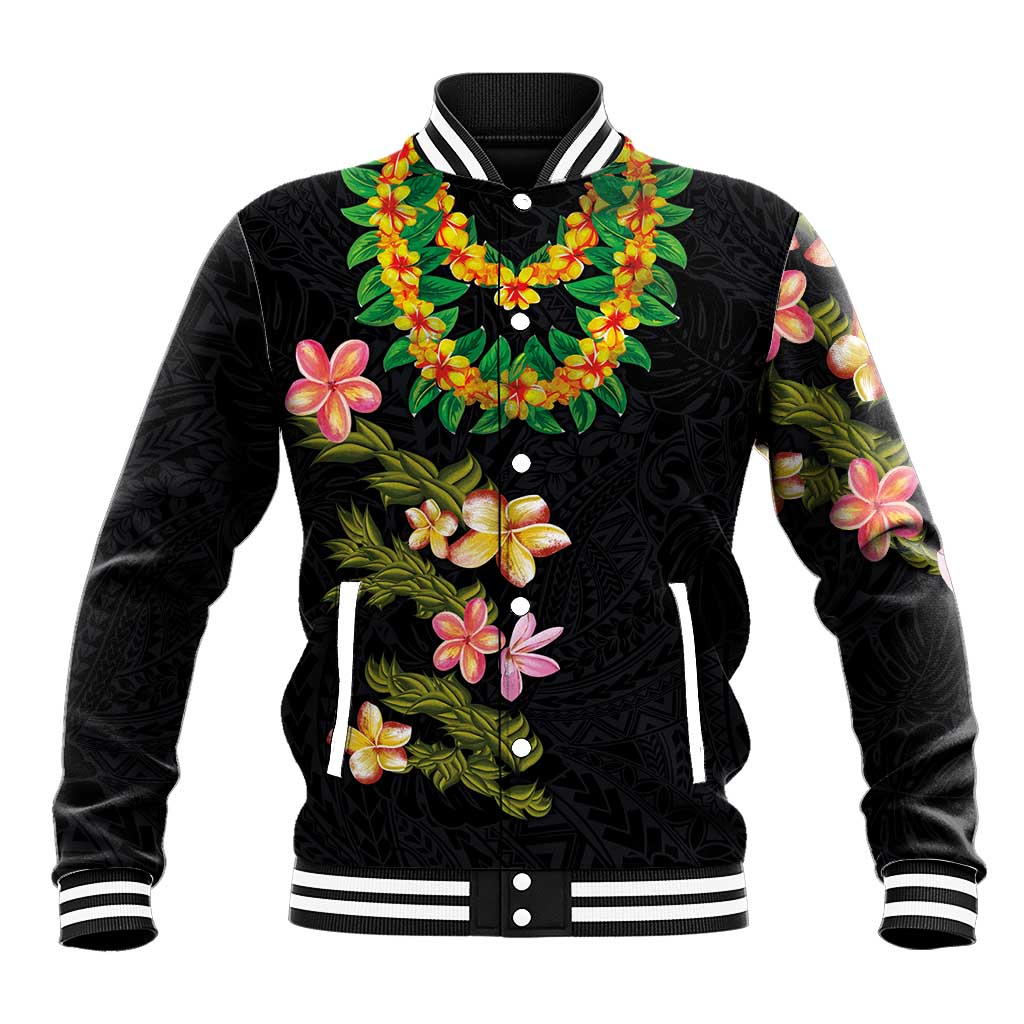 Hawaiian Lei Plumeria and Tropical Leaves Baseball Jacket Watercolor Style