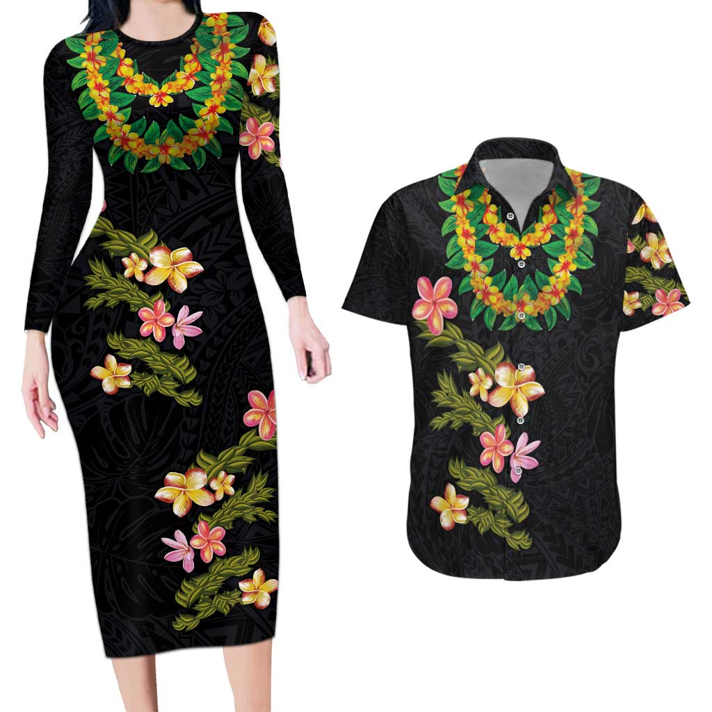 Hawaiian Lei Plumeria and Tropical Leaves Couples Matching Long Sleeve Bodycon Dress and Hawaiian Shirt Watercolor Style