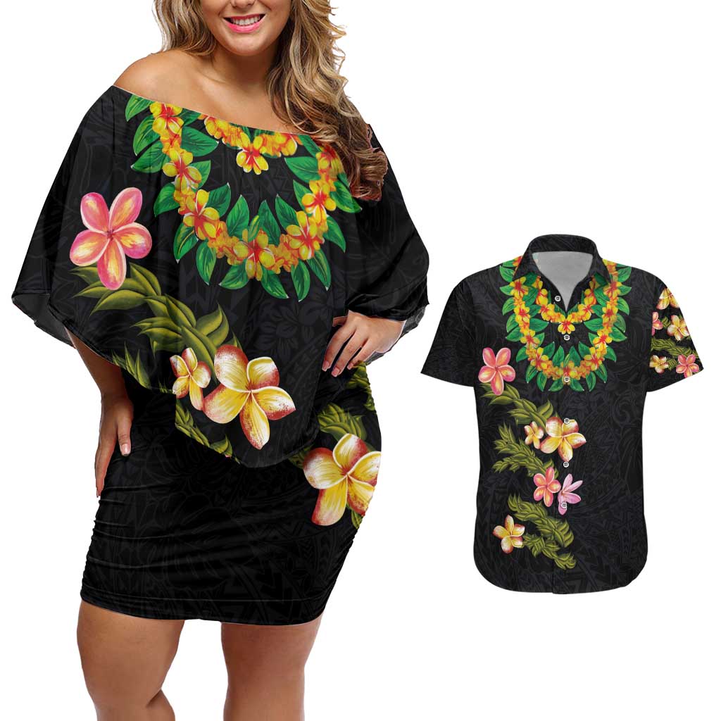 Hawaiian Lei Plumeria and Tropical Leaves Couples Matching Off Shoulder Short Dress and Hawaiian Shirt Watercolor Style