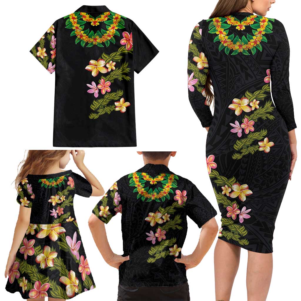 Hawaiian Lei Plumeria and Tropical Leaves Family Matching Long Sleeve Bodycon Dress and Hawaiian Shirt Watercolor Style