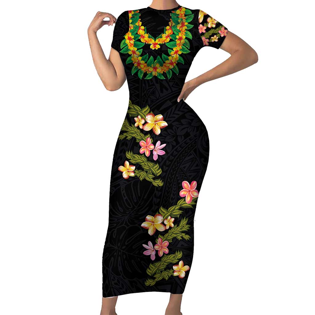 Hawaiian Lei Plumeria and Tropical Leaves Family Matching Short Sleeve Bodycon Dress and Hawaiian Shirt Watercolor Style