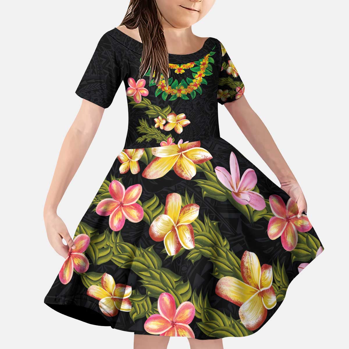 Hawaiian Lei Plumeria and Tropical Leaves Kid Short Sleeve Dress Watercolor Style