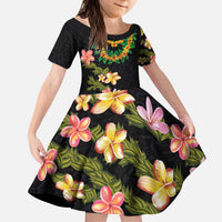 Hawaiian Lei Plumeria and Tropical Leaves Kid Short Sleeve Dress Watercolor Style