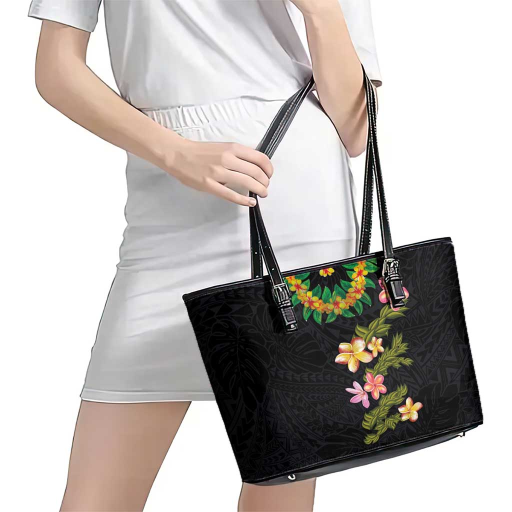 Hawaiian Lei Plumeria and Tropical Leaves Leather Tote Bag Watercolor Style