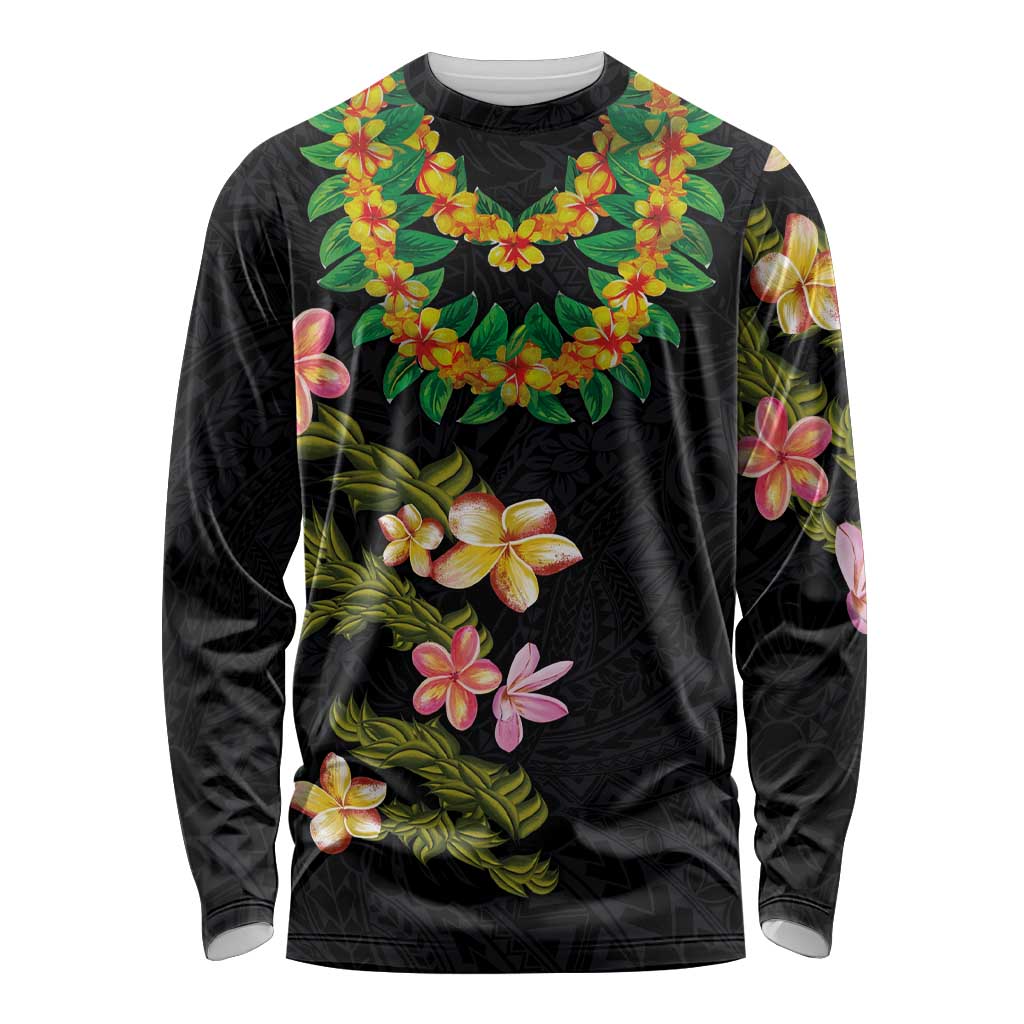 Hawaiian Lei Plumeria and Tropical Leaves Long Sleeve Shirt Watercolor Style