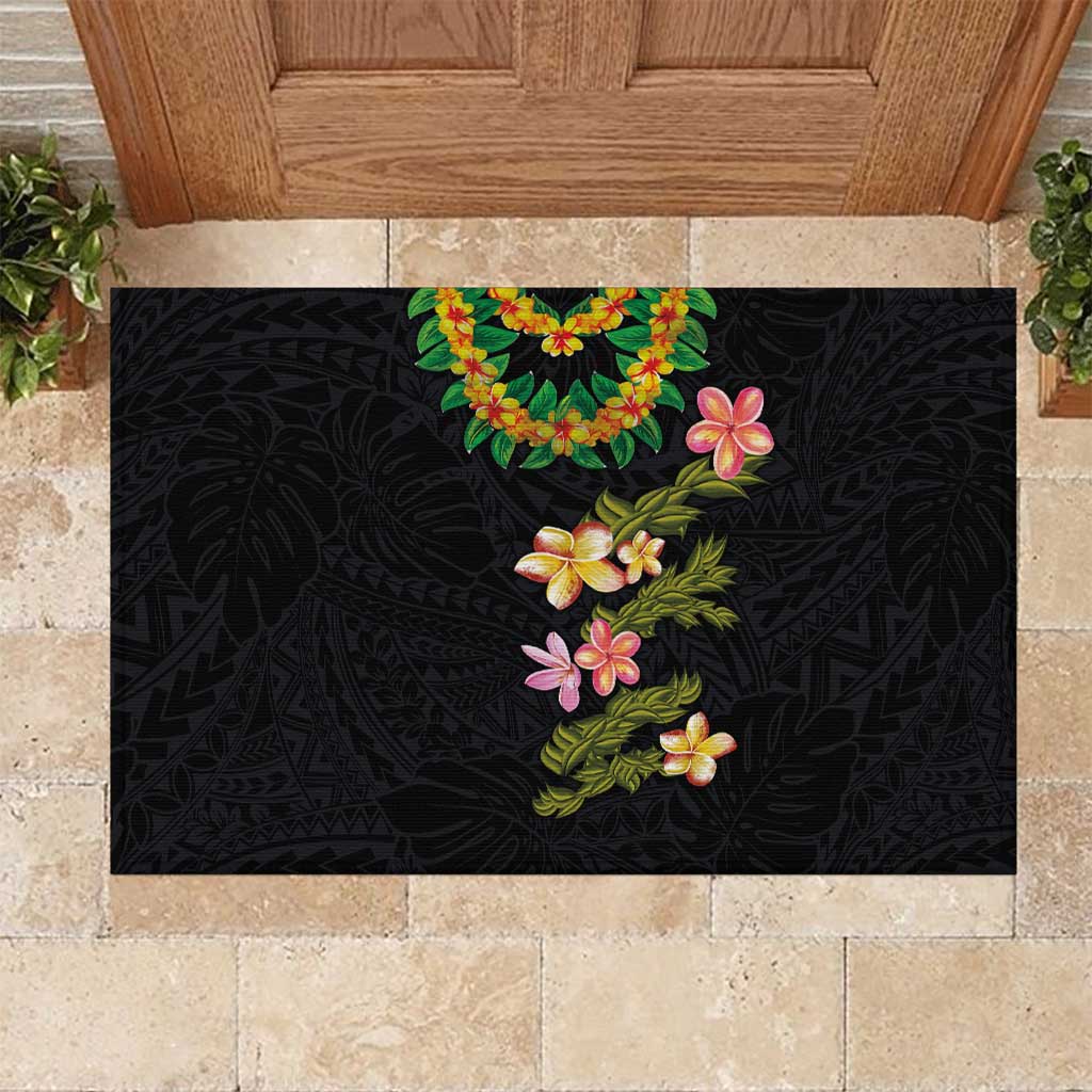 Hawaiian Lei Plumeria and Tropical Leaves Rubber Doormat Watercolor Style
