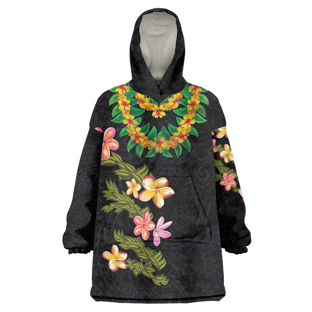 Hawaiian Lei Plumeria and Tropical Leaves Wearable Blanket Hoodie Watercolor Style