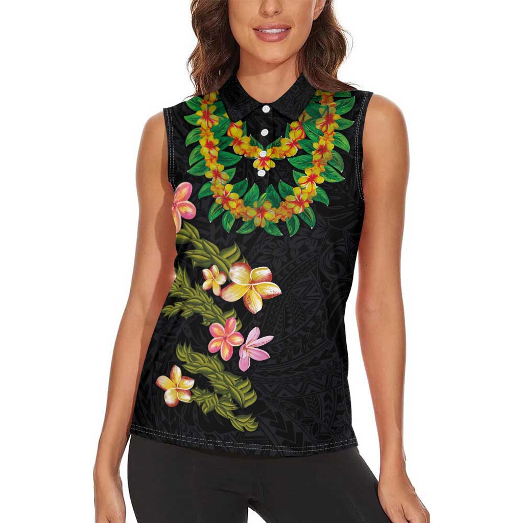 Hawaiian Lei Plumeria and Tropical Leaves Women Sleeveless Polo Shirt Watercolor Style
