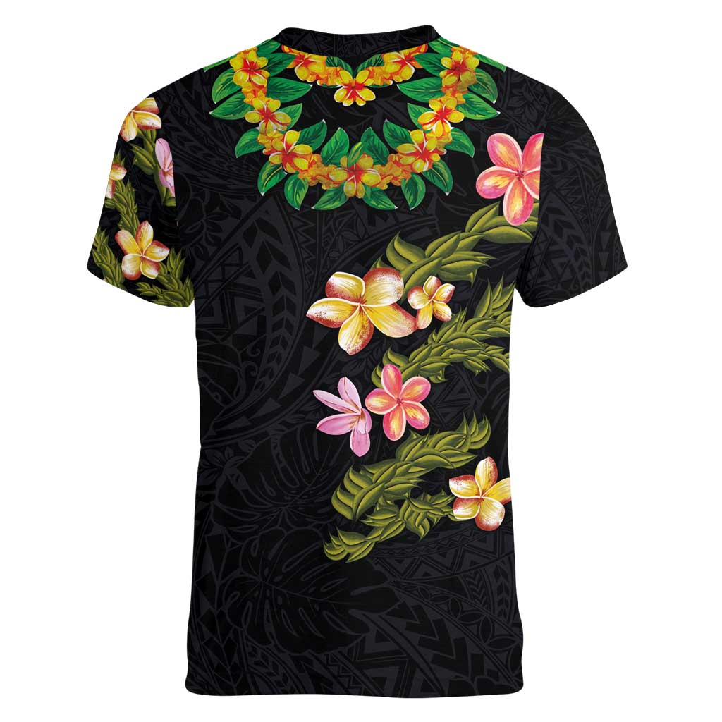 Hawaiian Lei Plumeria and Tropical Leaves Women V-Neck T-Shirt Watercolor Style
