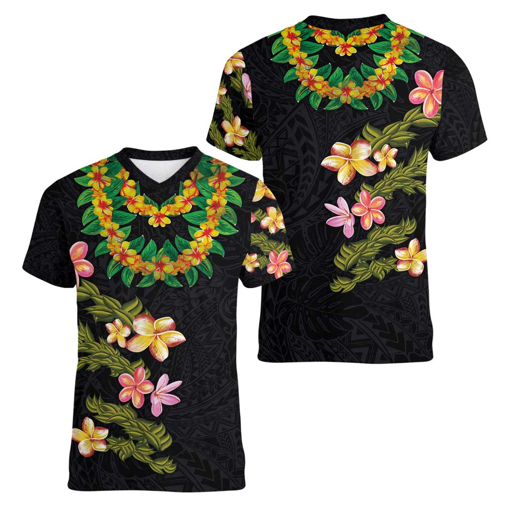 Hawaiian Lei Plumeria and Tropical Leaves Women V-Neck T-Shirt Watercolor Style