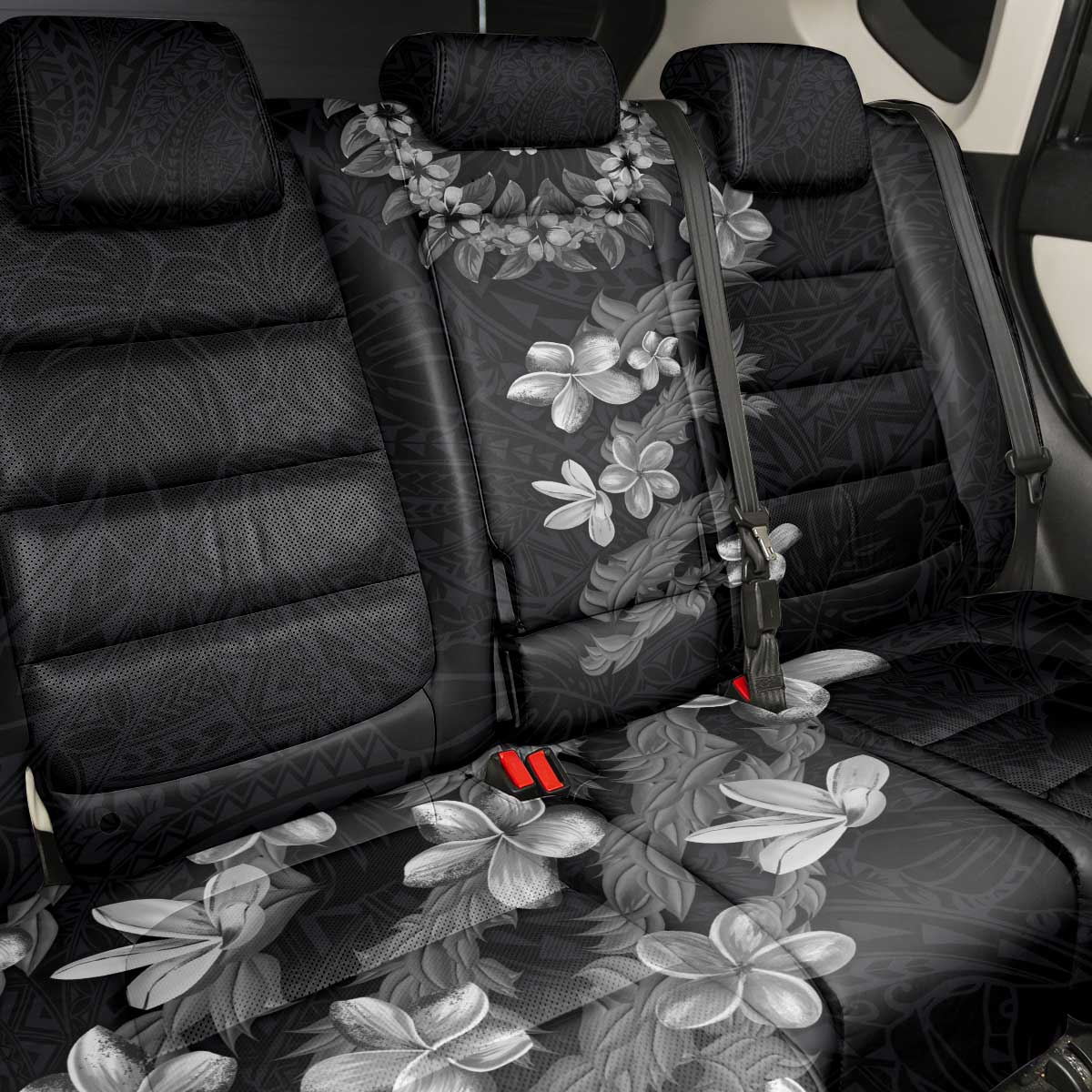 Hawaiian Lei Plumeria and Tropical Leaves Back Car Seat Cover Watercolor Style-Grayscale