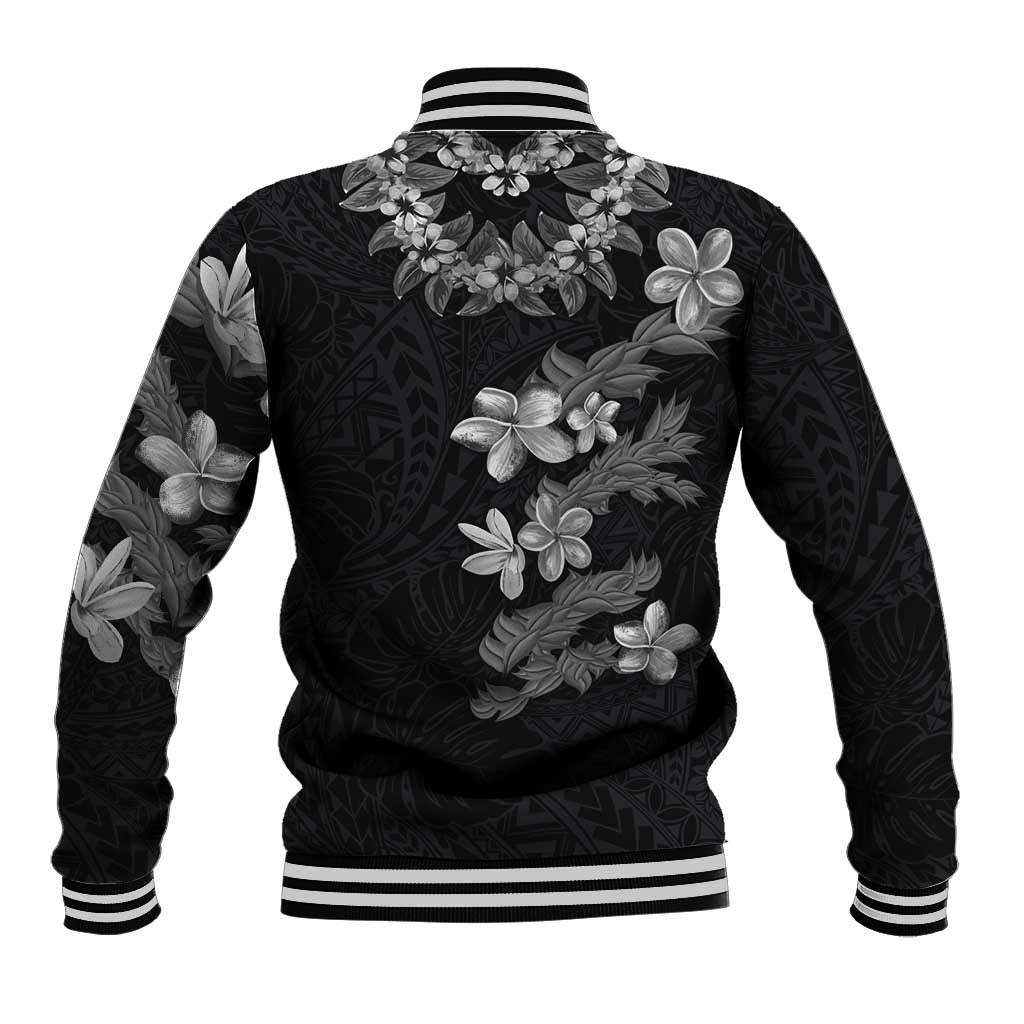 Hawaiian Lei Plumeria and Tropical Leaves Baseball Jacket Watercolor Style-Grayscale