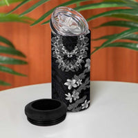 Hawaiian Lei Plumeria and Tropical Leaves 4 in 1 Can Cooler Tumbler Watercolor Style-Grayscale
