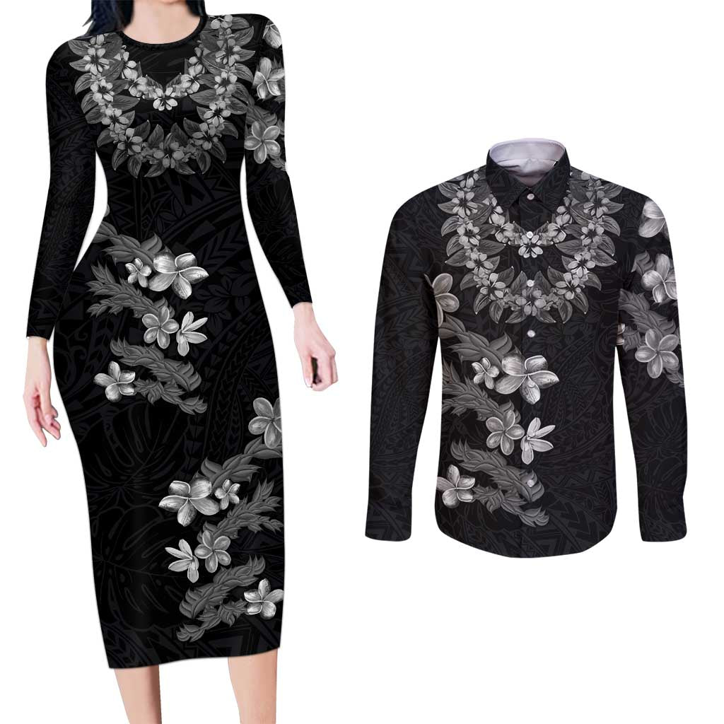 Hawaiian Lei Plumeria and Tropical Leaves Couples Matching Long Sleeve Bodycon Dress and Long Sleeve Button Shirt Watercolor Style-Grayscale