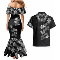 Hawaiian Lei Plumeria and Tropical Leaves Couples Matching Mermaid Dress and Hawaiian Shirt Watercolor Style-Grayscale