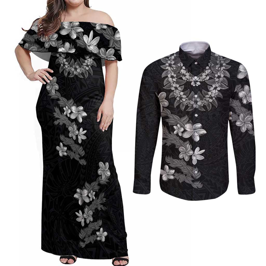Hawaiian Lei Plumeria and Tropical Leaves Couples Matching Off Shoulder Maxi Dress and Long Sleeve Button Shirt Watercolor Style-Grayscale