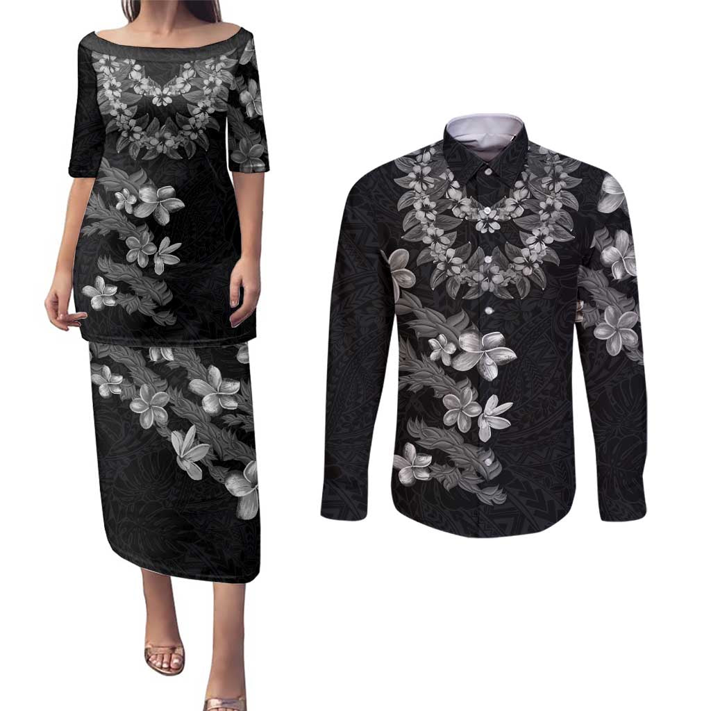 Hawaiian Lei Plumeria and Tropical Leaves Couples Matching Puletasi and Long Sleeve Button Shirt Watercolor Style-Grayscale