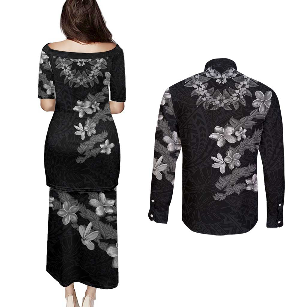 Hawaiian Lei Plumeria and Tropical Leaves Couples Matching Puletasi and Long Sleeve Button Shirt Watercolor Style-Grayscale