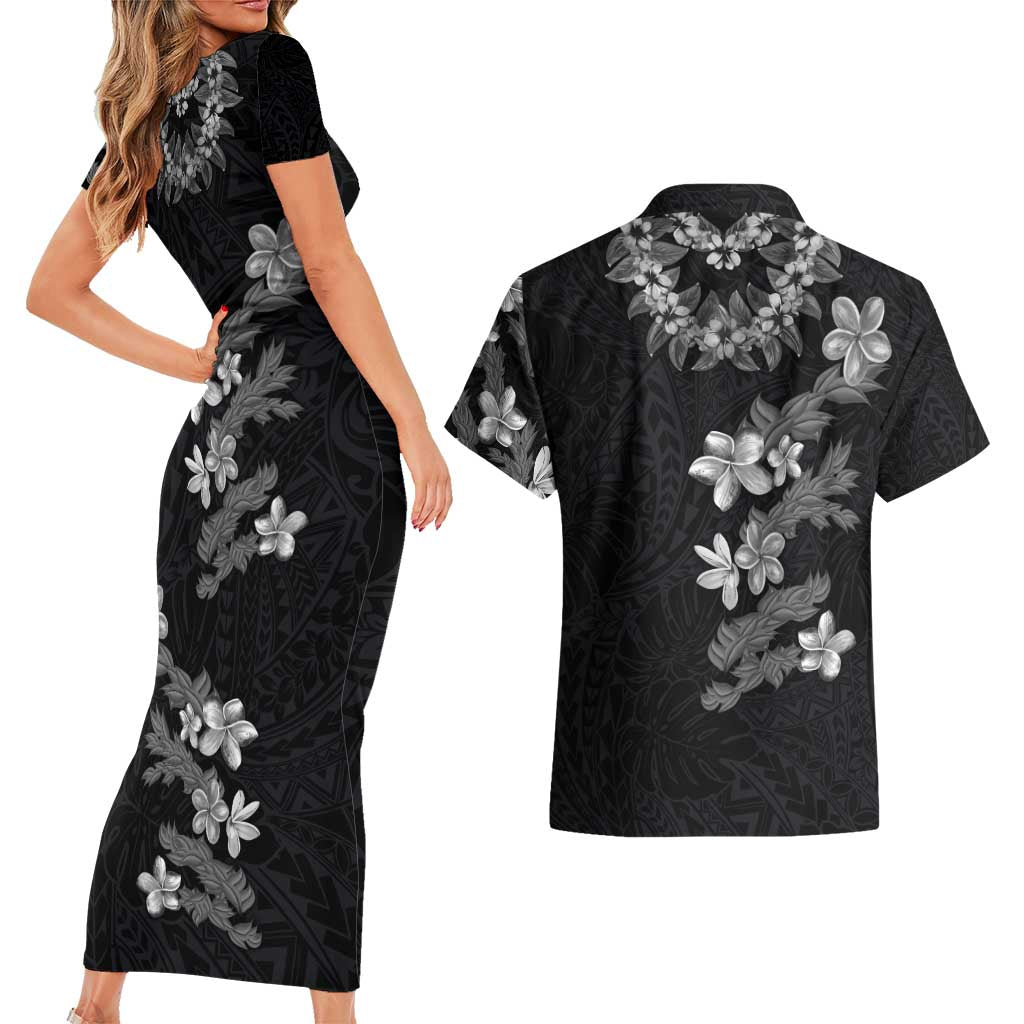 Hawaiian Lei Plumeria and Tropical Leaves Couples Matching Short Sleeve Bodycon Dress and Hawaiian Shirt Watercolor Style-Grayscale