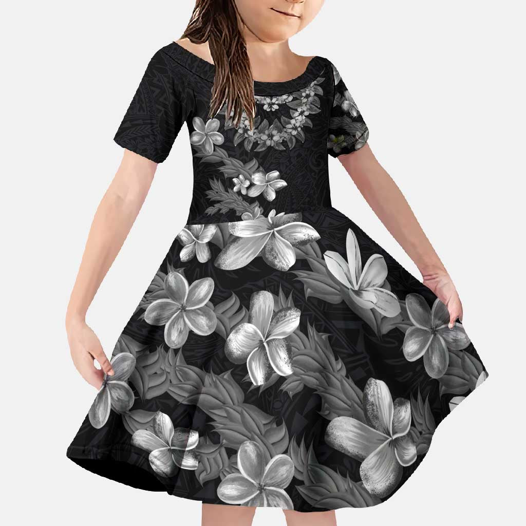 Hawaiian Lei Plumeria and Tropical Leaves Family Matching Long Sleeve Bodycon Dress and Hawaiian Shirt Watercolor Style-Grayscale