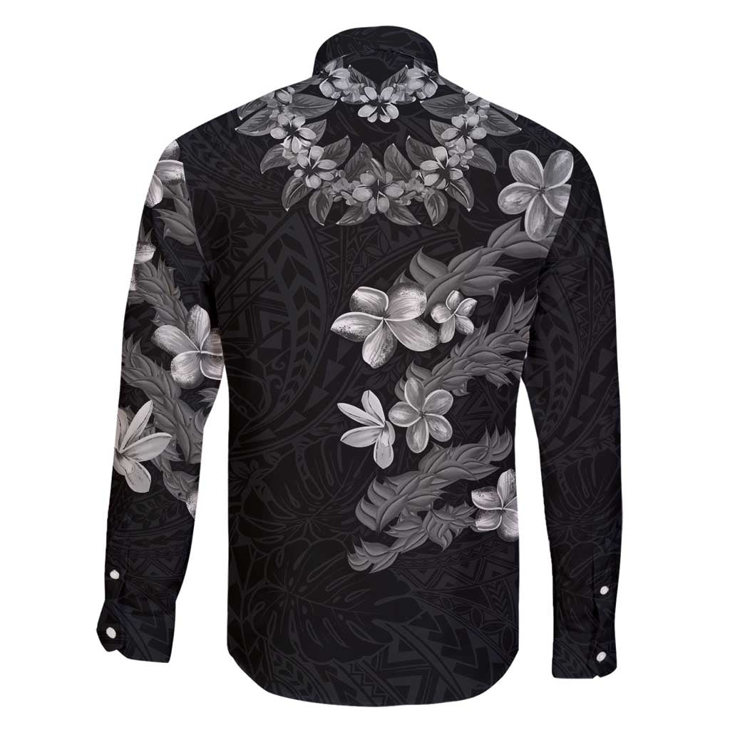 Hawaiian Lei Plumeria and Tropical Leaves Family Matching Long Sleeve Bodycon Dress and Hawaiian Shirt Watercolor Style-Grayscale