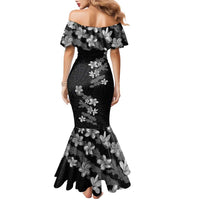 Hawaiian Lei Plumeria and Tropical Leaves Family Matching Mermaid Dress and Hawaiian Shirt Watercolor Style-Grayscale