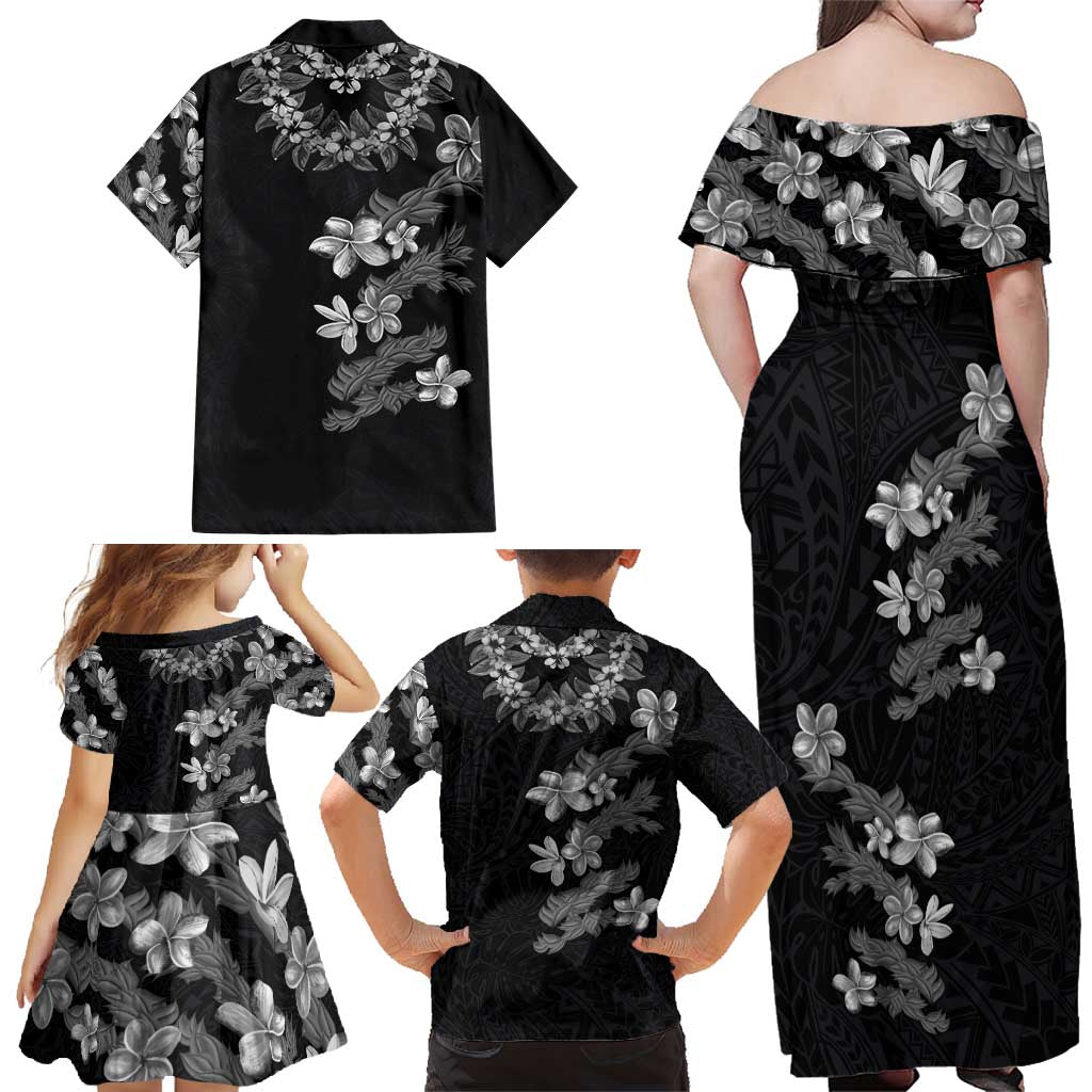 Hawaiian Lei Plumeria and Tropical Leaves Family Matching Off Shoulder Maxi Dress and Hawaiian Shirt Watercolor Style-Grayscale