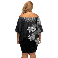 Hawaiian Lei Plumeria and Tropical Leaves Family Matching Off Shoulder Short Dress and Hawaiian Shirt Watercolor Style-Grayscale