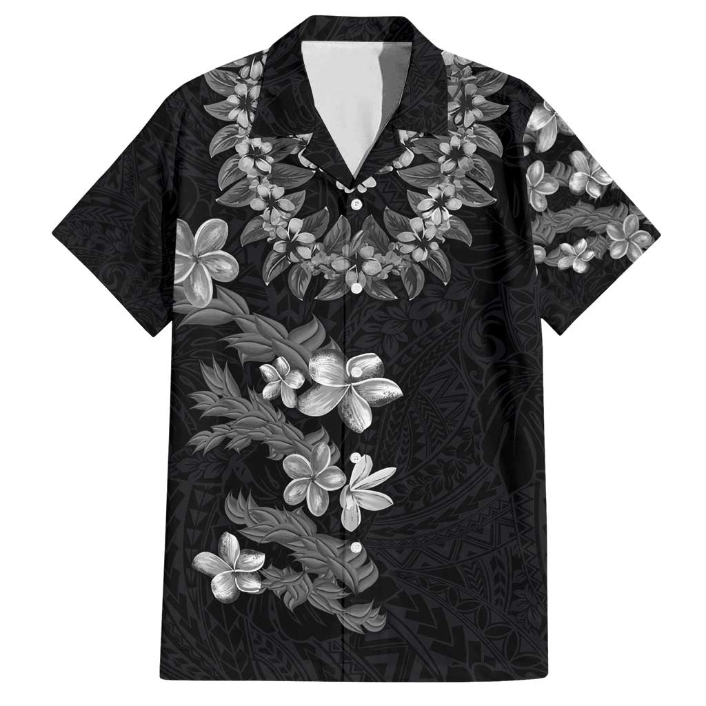 Hawaiian Lei Plumeria and Tropical Leaves Family Matching Puletasi and Hawaiian Shirt Watercolor Style-Grayscale