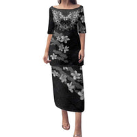 Hawaiian Lei Plumeria and Tropical Leaves Family Matching Puletasi and Hawaiian Shirt Watercolor Style-Grayscale