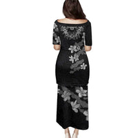 Hawaiian Lei Plumeria and Tropical Leaves Family Matching Puletasi and Hawaiian Shirt Watercolor Style-Grayscale