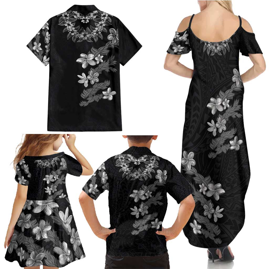 Hawaiian Lei Plumeria and Tropical Leaves Family Matching Summer Maxi Dress and Hawaiian Shirt Watercolor Style-Grayscale