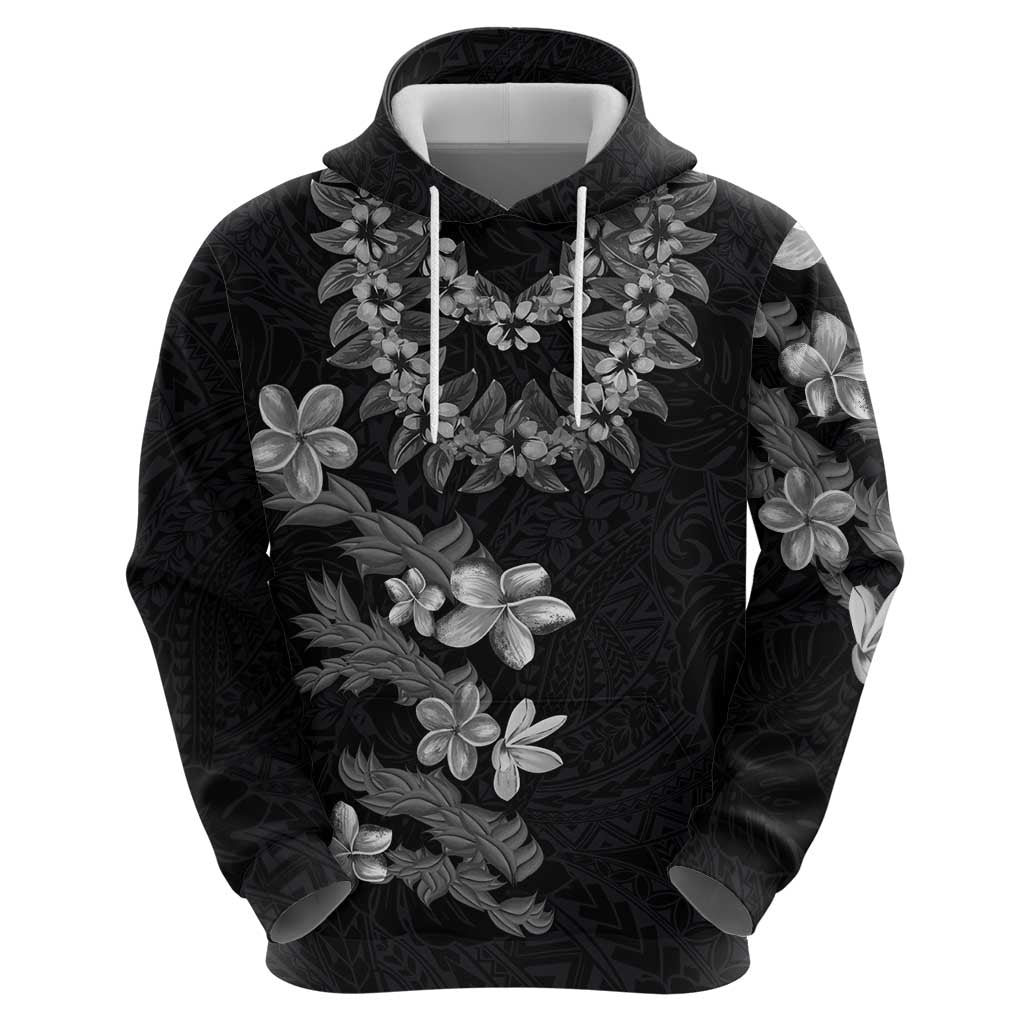 Hawaiian Lei Plumeria and Tropical Leaves Hoodie Watercolor Style-Grayscale
