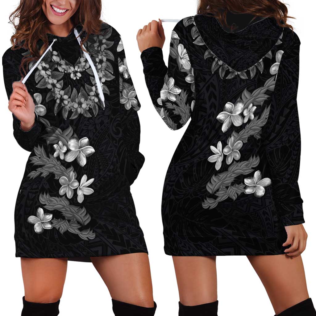 Hawaiian Lei Plumeria and Tropical Leaves Hoodie Dress Watercolor Style-Grayscale