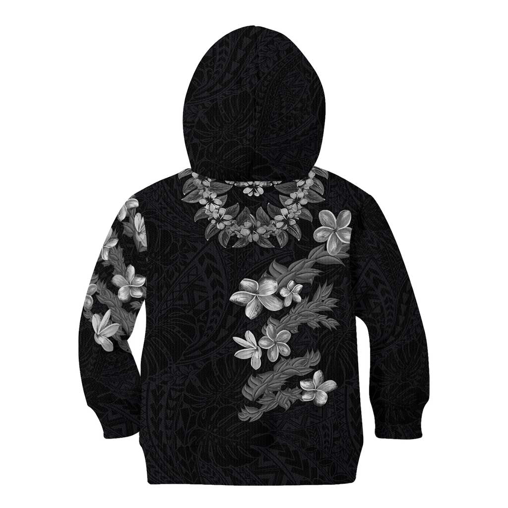 Hawaiian Lei Plumeria and Tropical Leaves Kid Hoodie Watercolor Style-Grayscale