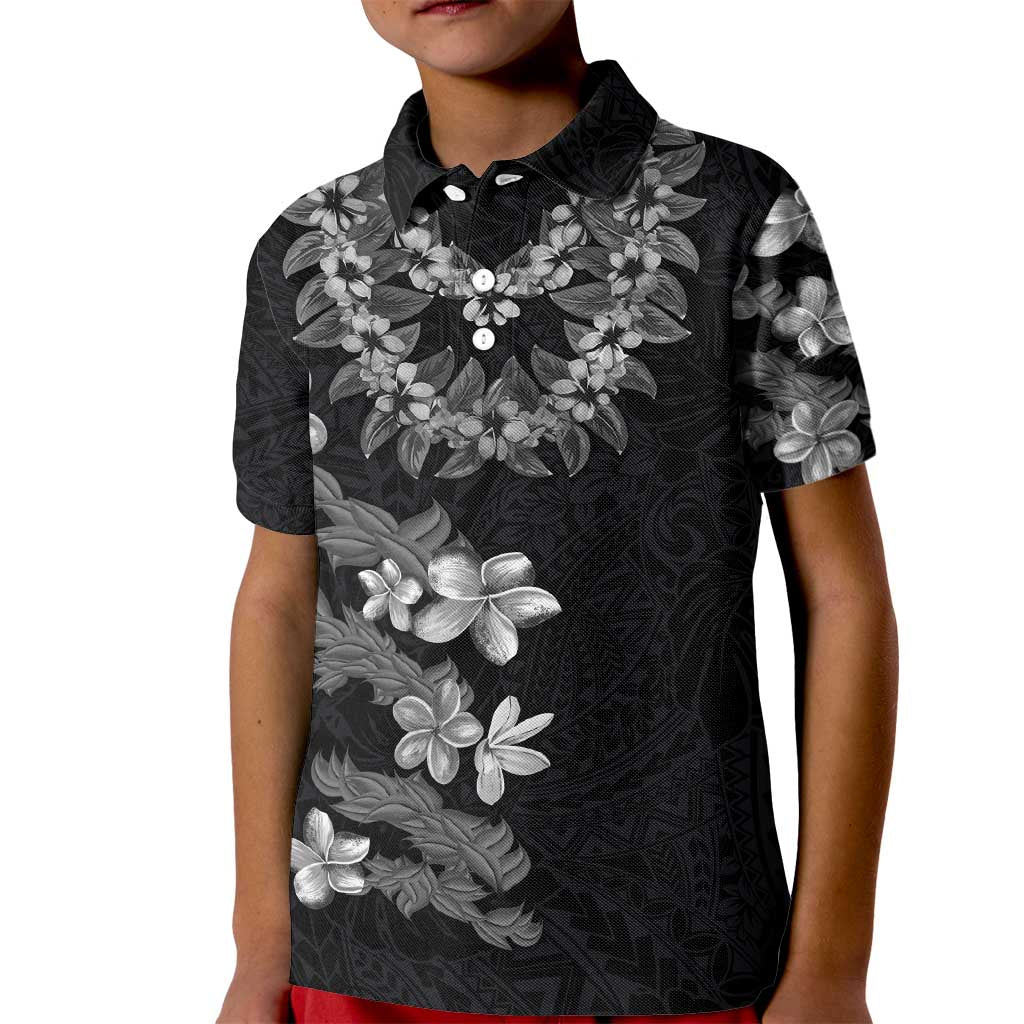 Hawaiian Lei Plumeria and Tropical Leaves Kid Polo Shirt Watercolor Style-Grayscale