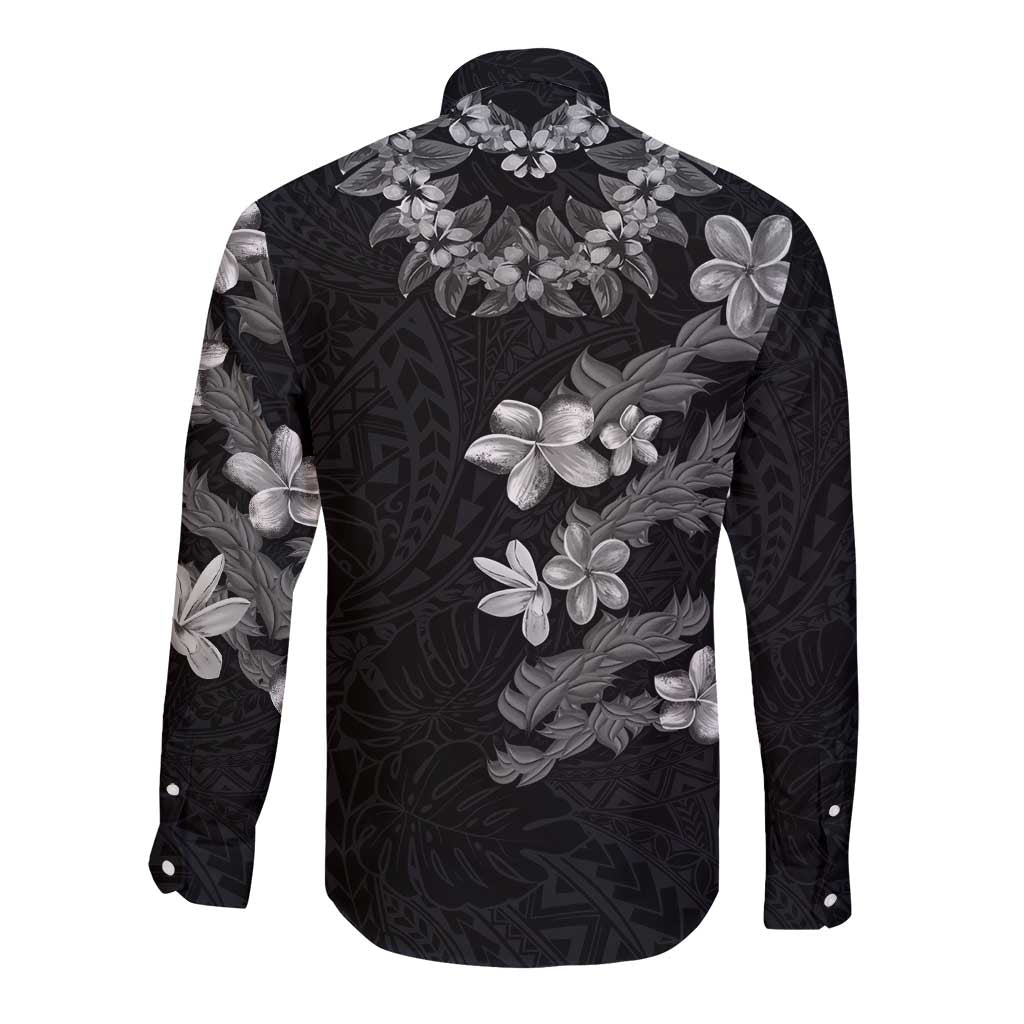 Hawaiian Lei Plumeria and Tropical Leaves Long Sleeve Button Shirt Watercolor Style-Grayscale