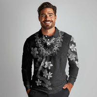 Hawaiian Lei Plumeria and Tropical Leaves Long Sleeve Polo Shirt Watercolor Style-Grayscale