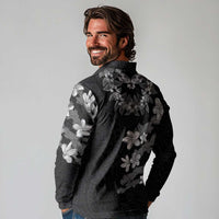 Hawaiian Lei Plumeria and Tropical Leaves Long Sleeve Polo Shirt Watercolor Style-Grayscale