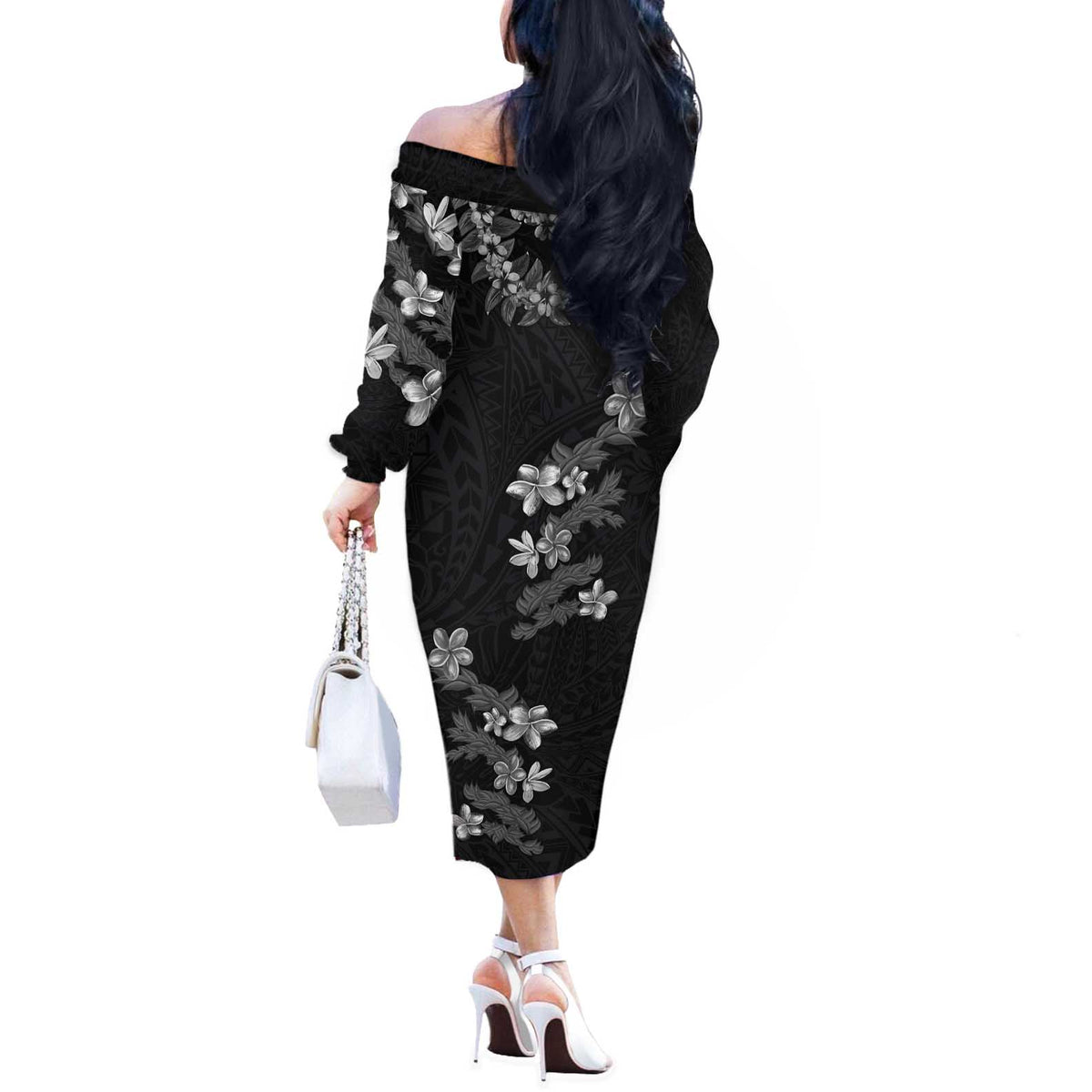 Hawaiian Lei Plumeria and Tropical Leaves Off The Shoulder Long Sleeve Dress Watercolor Style-Grayscale