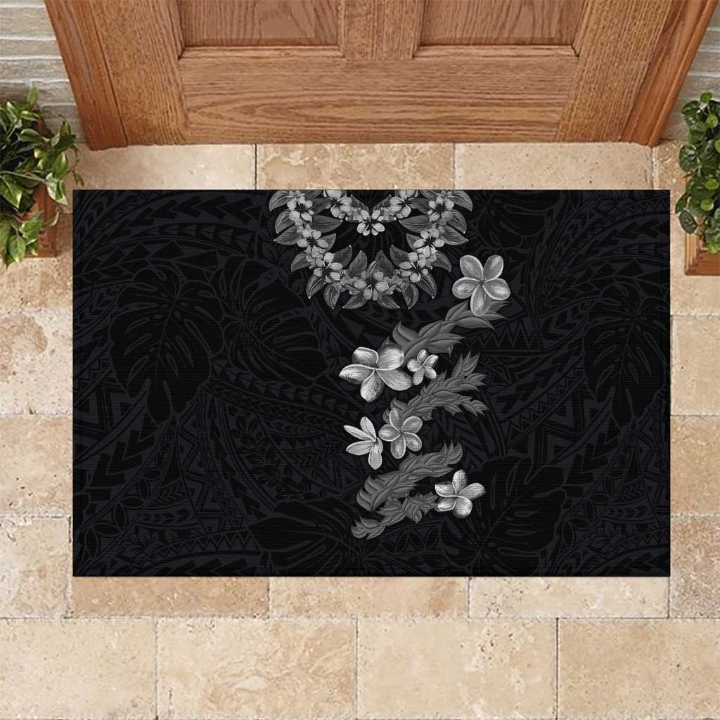 Hawaiian Lei Plumeria and Tropical Leaves Rubber Doormat Watercolor Style-Grayscale
