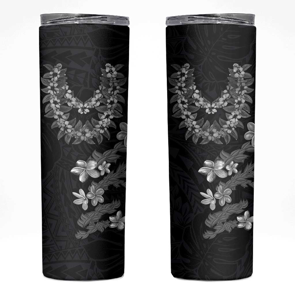 Hawaiian Lei Plumeria and Tropical Leaves Skinny Tumbler Watercolor Style-Grayscale