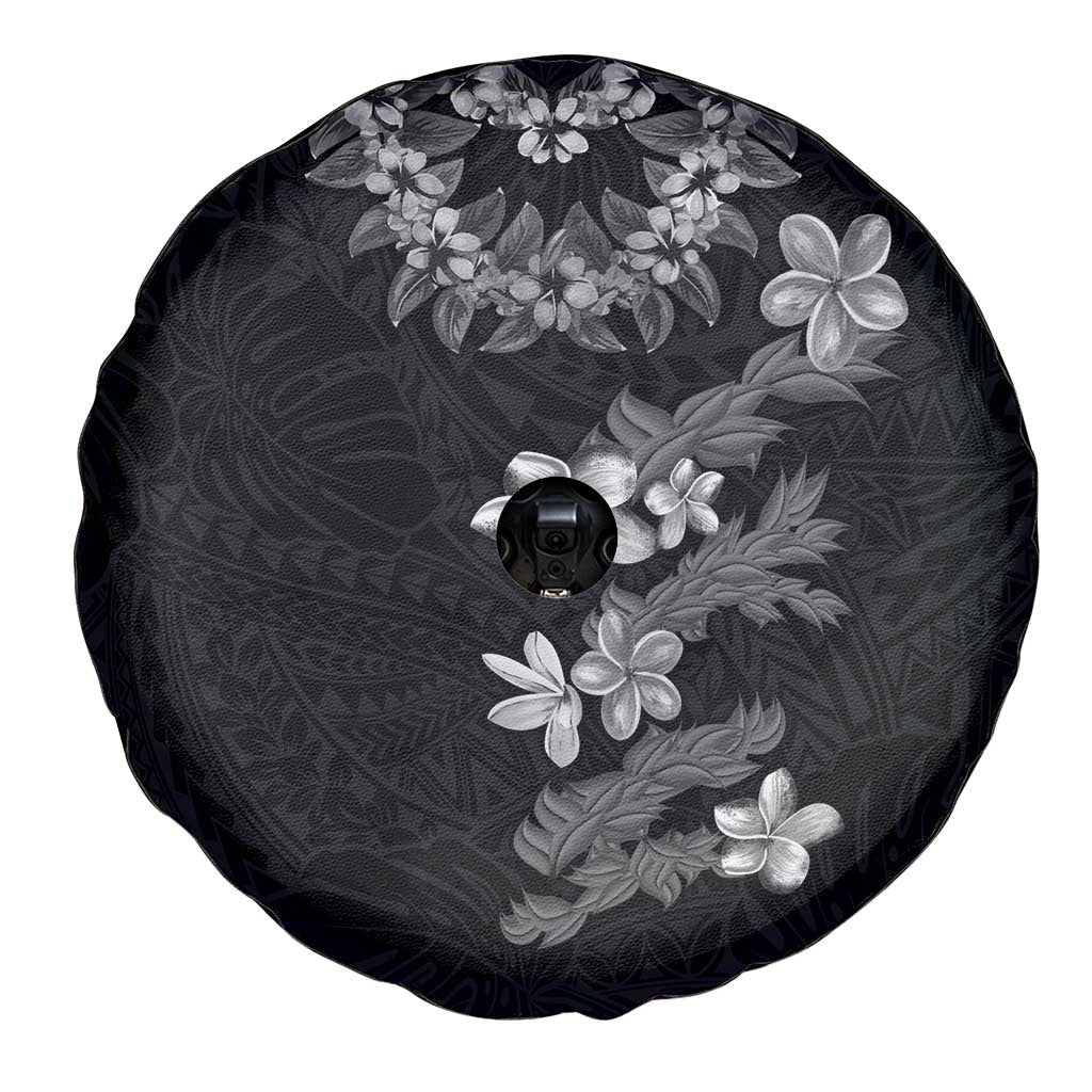 Hawaiian Lei Plumeria and Tropical Leaves Spare Tire Cover Watercolor Style-Grayscale