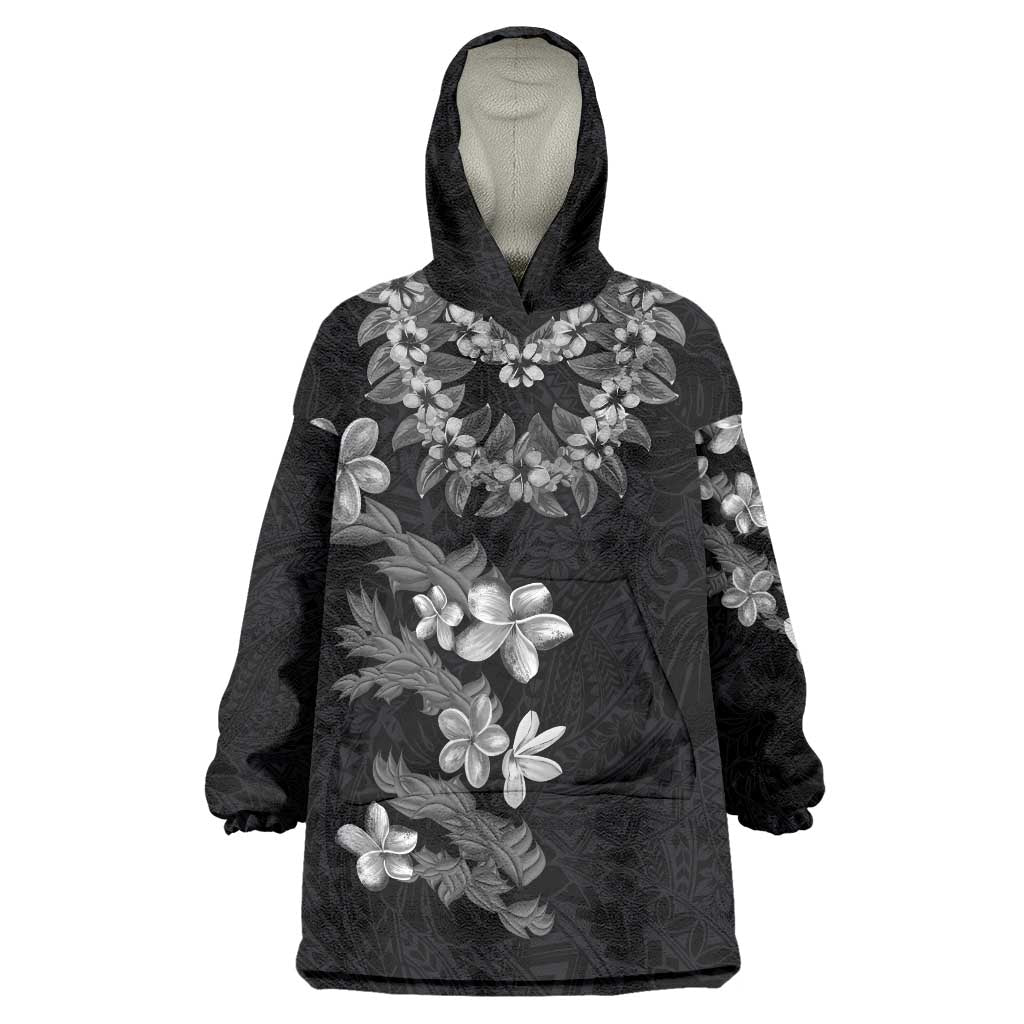 Hawaiian Lei Plumeria and Tropical Leaves Wearable Blanket Hoodie Watercolor Style-Grayscale