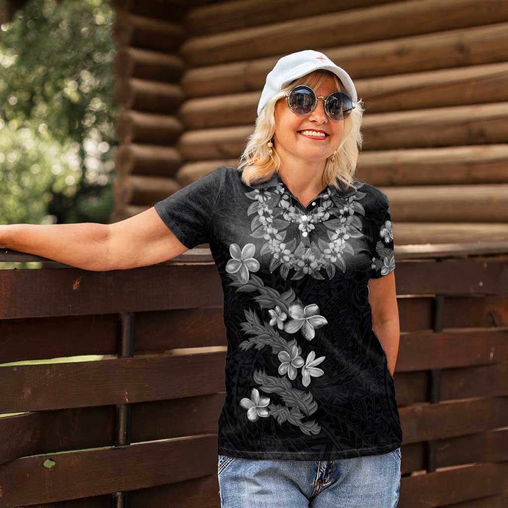 Hawaiian Lei Plumeria and Tropical Leaves Women Polo Shirt Watercolor Style-Grayscale