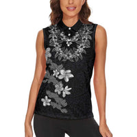 Hawaiian Lei Plumeria and Tropical Leaves Women Sleeveless Polo Shirt Watercolor Style-Grayscale