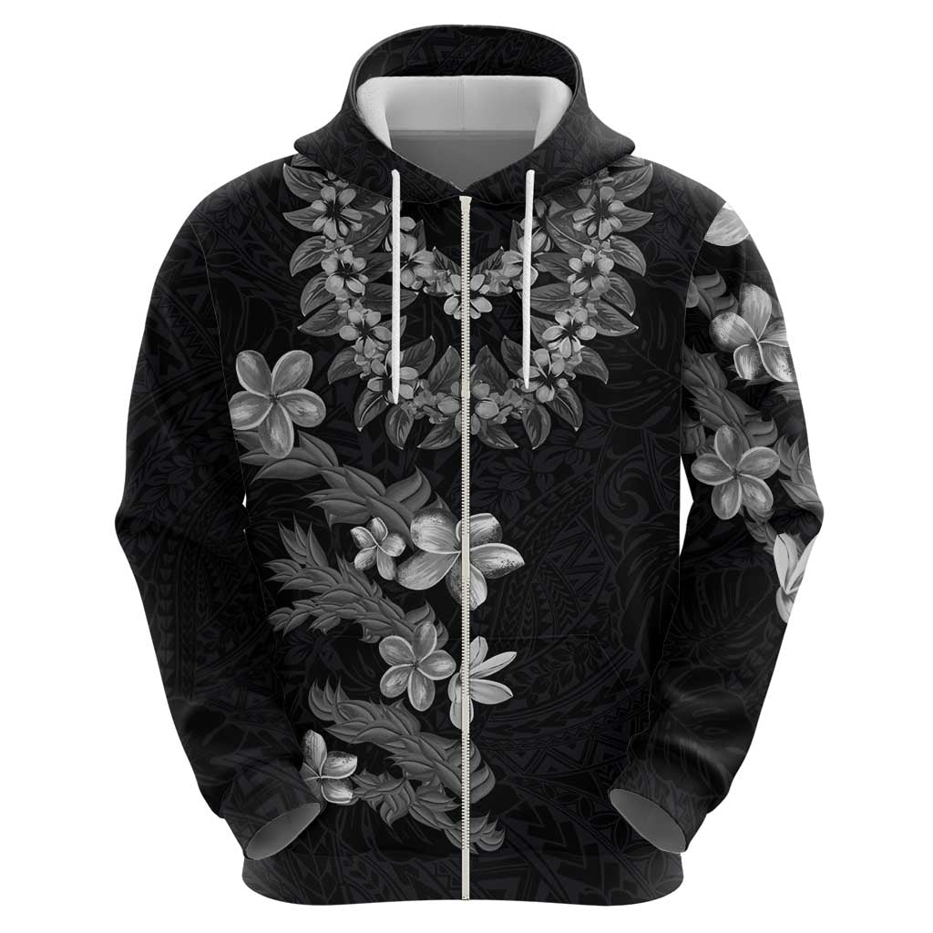 Hawaiian Lei Plumeria and Tropical Leaves Zip Hoodie Watercolor Style-Grayscale
