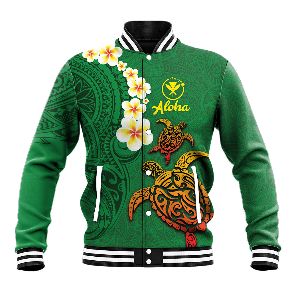 Hawaii Turtle Plumeria Flower Baseball Jacket Polynesian Pattern Green Color