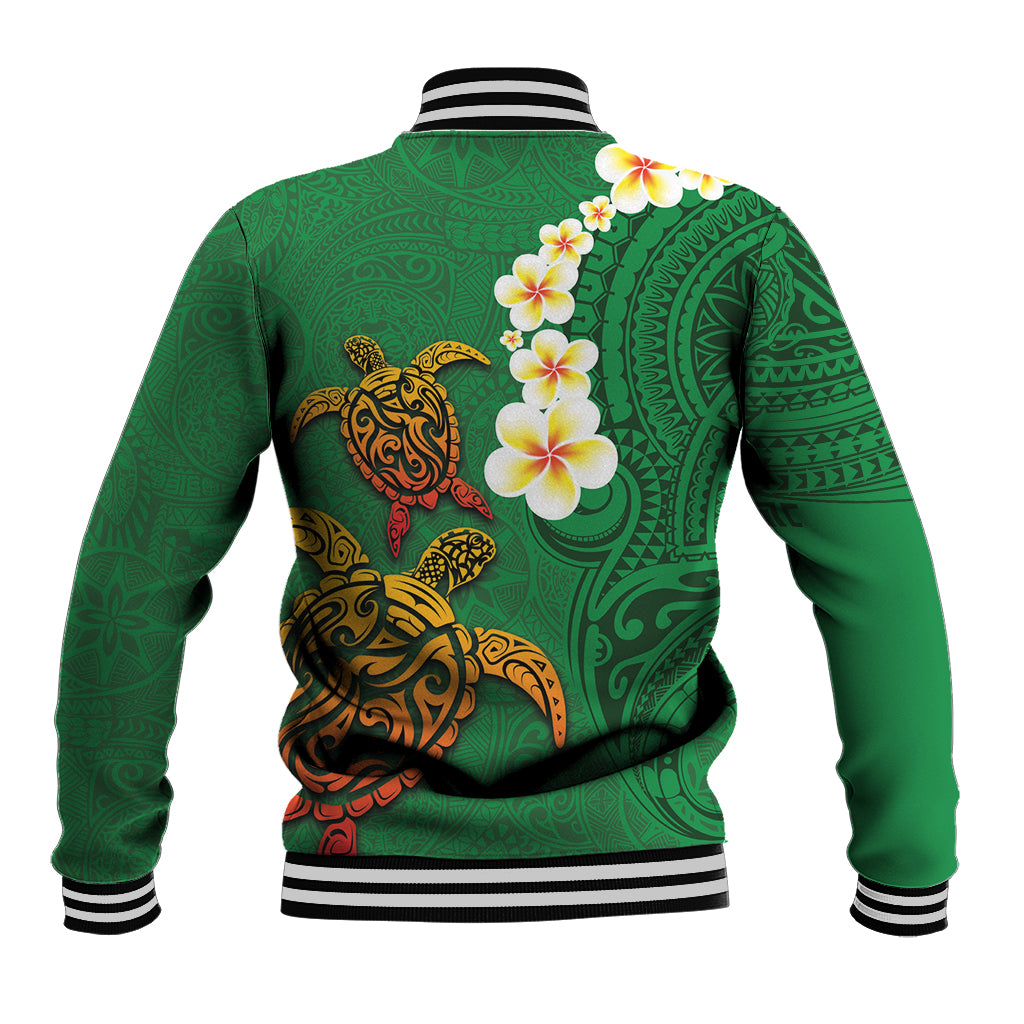 Hawaii Turtle Plumeria Flower Baseball Jacket Polynesian Pattern Green Color