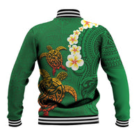 Hawaii Turtle Plumeria Flower Baseball Jacket Polynesian Pattern Green Color